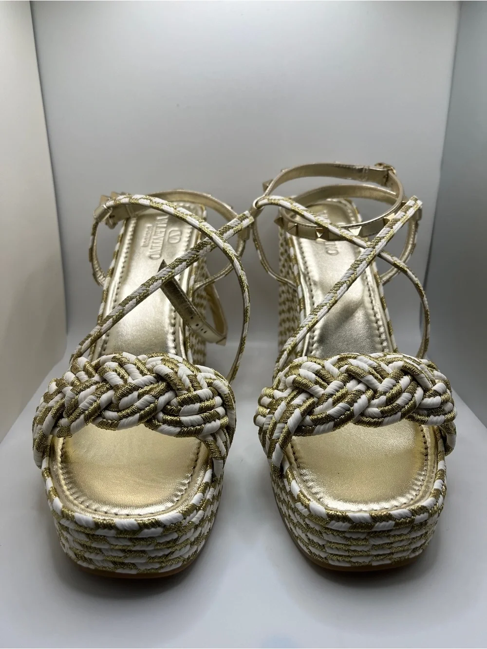 Valentino Garavani Metallic Gold and White Braided Ankle-Strap Heels